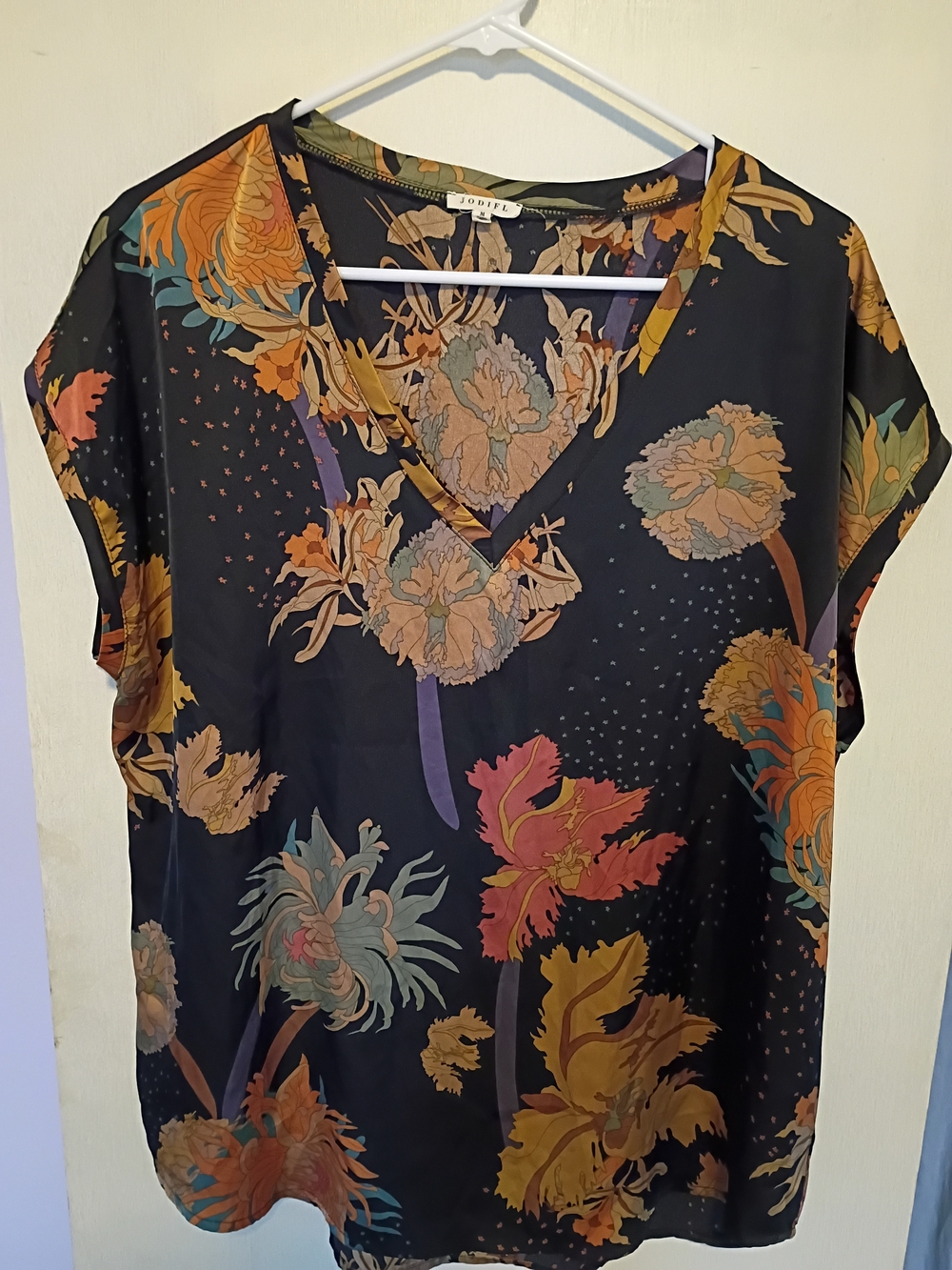 JODIFL Black Floral V-Neck Blouse with Mustard & Teal Accents
